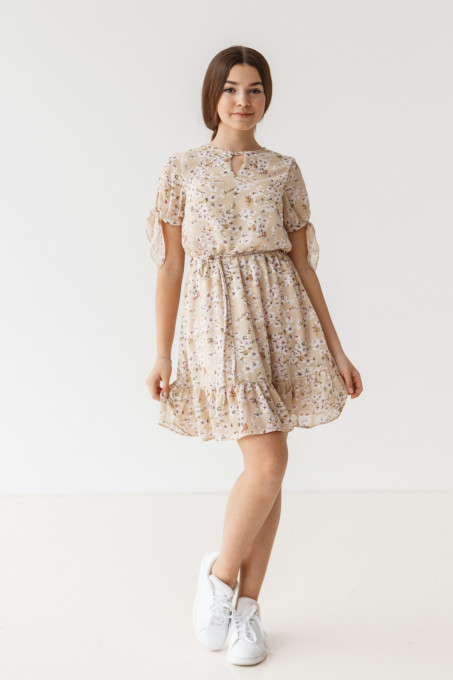 Rochie maneca scurta fete 12-14ani, imprimeu floral, bej