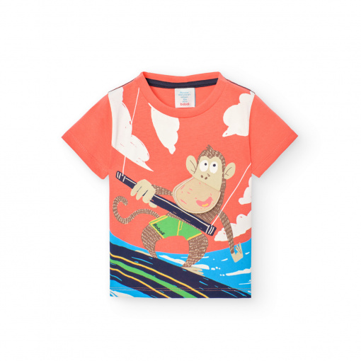 Tricou maneca scurta baiat, imprimeu maimuta, portocaliu, Boboli