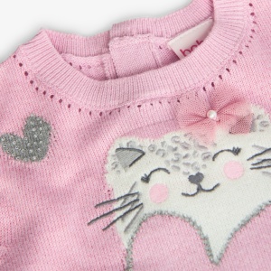 Rochie tricot fetite, broderie pisicuta cu strasuri aplicate, roz, brand Boboli - Img 5