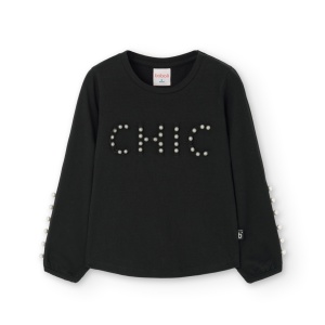 Tricou fete maneca lunga, gama CHIC, perle, negru, Boboli - Img 3