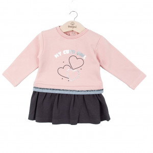 Rochie maneca lunga bumbac, roz cu fusta gri, Babybol - Img 2