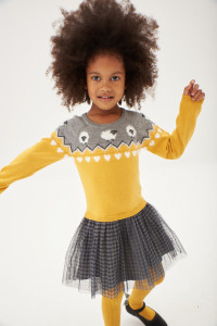Rochita tricot cu fusta tulle gri, model oite, galbena, Boboli - Img 1