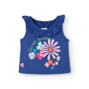 Top fete vara, bumbac better cotton, imprimeu floral, albastru indigo, Boboli - Img 1
