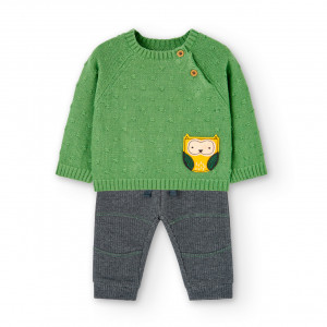 Set 2 piese baiat, pulover tricot verde cu pantalon gri, Boboli - Img 1