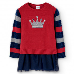 Rochie fete tricot rosie cu fusta tulle navy, coroana cu strasuri, Boboli - Img 1