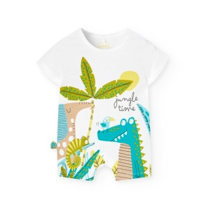 Salopeta maneca scurta bebe baiat, imprimeu dino, alba, brand Boboli - Img 1