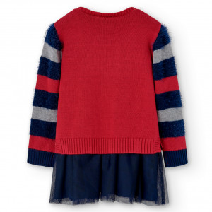 Rochie fete tricot rosie cu fusta tulle navy, coroana cu strasuri, Boboli - Img 2