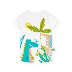 Salopeta maneca scurta bebe baiat, imprimeu dino, alba, brand Boboli - Img 3