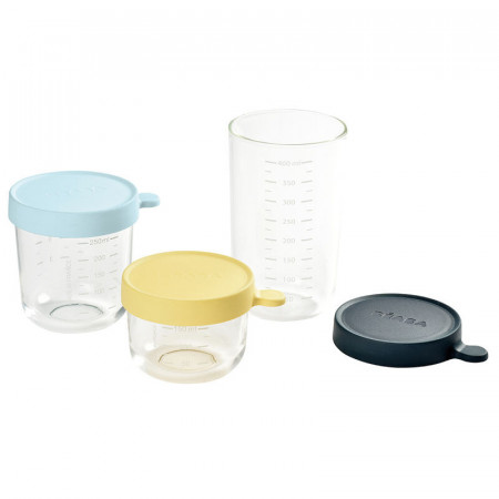 BEABA set 3 staklene posude 150ml yel./250ml l.blue/400ml d.blue