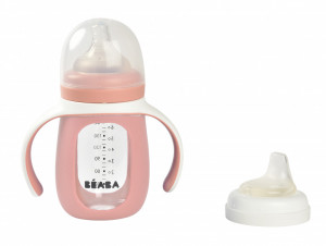 BEABA 3u1 flašica za učenje, 210ml + silikonska zaštita, old pink