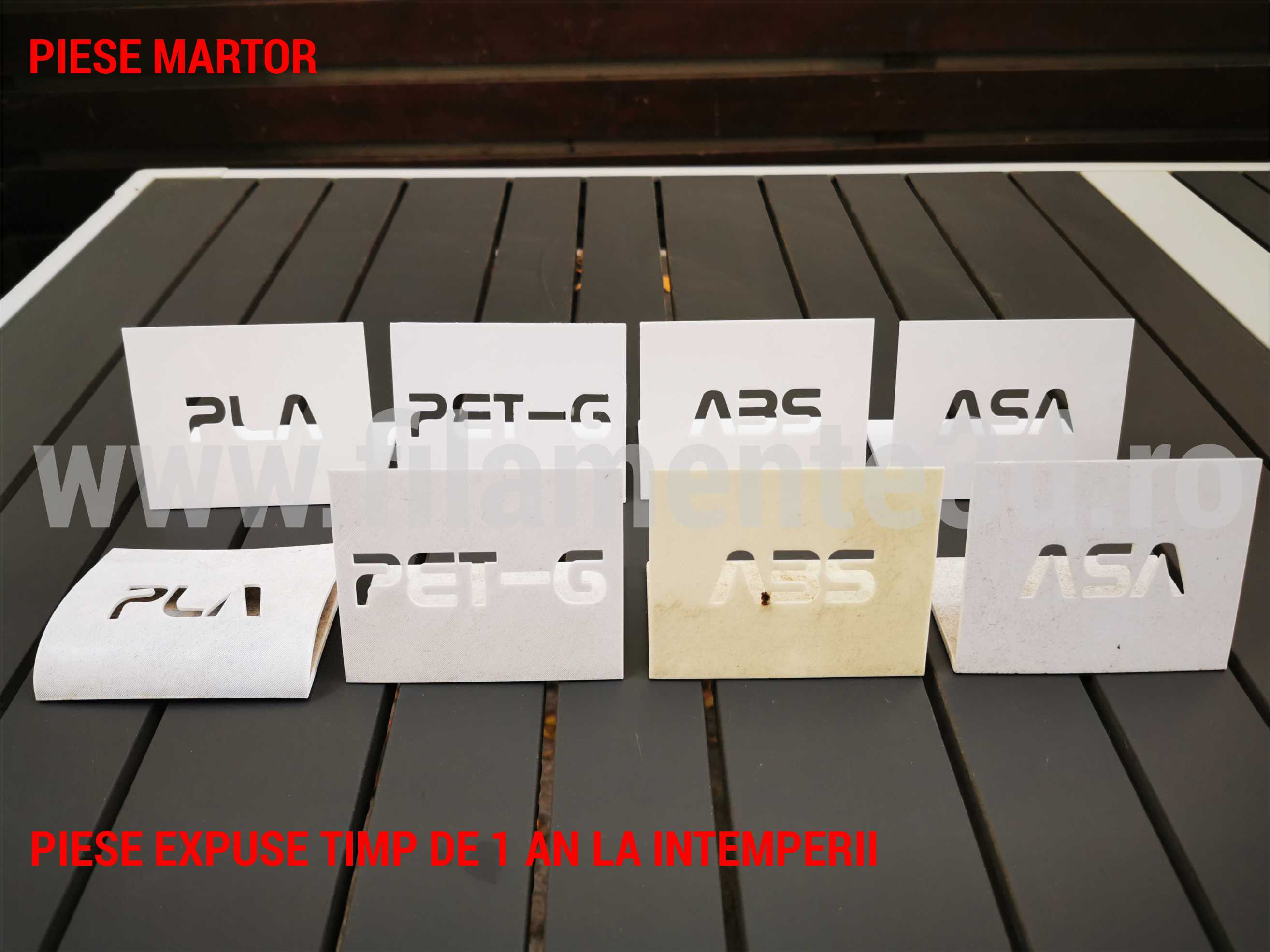 Comparație PLA vs PETG vs ABS vs ASA după 1 an de expunere în aer liber la intemperii — test echipa Filamente3D.ro 2022