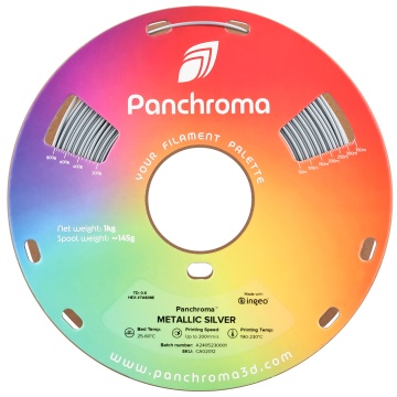 Rola filament 3D - frontal - Panchroma Metallic Silver cu efect metalic argintiu si sclipici - ideal pentru finisaje decorative - Filamente3D.ro