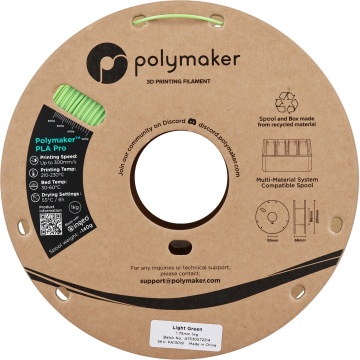 Vedere frontala rola de filament 1.75mm Polymaker PLA Pro - High Speed Tough PLA Light Green (verde) 1kg