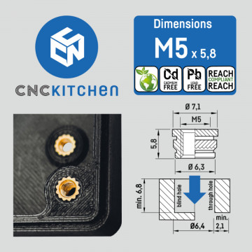 Ambalaj si dimensiuni  inserturi filetate CNC Kitchen - M5 Short (M5x5.8) - Filamente3D.ro