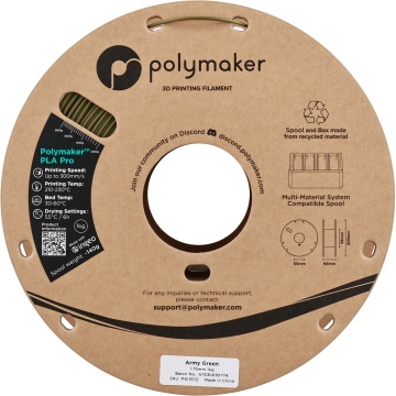 Vedere frontala rola de filament 1.75mm Polymaker PLA Pro - High Speed Tough PLA Army Green (verde) 1kg