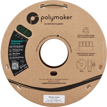 Vedere frontala rola de filament 1.75mm Polymaker PLA Pro - High Speed Tough PLA Metallic Green (verde) 1kg