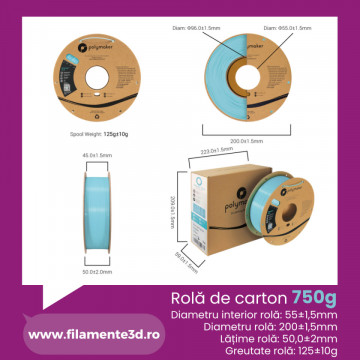 Dimensiuni ambalaj si rola de filament Polymaker PolyMax Tough PLA Pink 750g - Filamente3D.ro