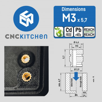 Ambalaj si dimensiuni  inserturi filetate CNC Kitchen - M3 Standard (M3x5.7) - Filamente3D.ro