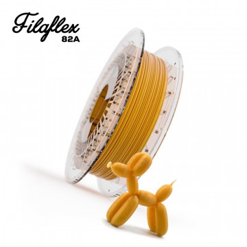 Filament Recreus FilaFlex Original 82A Gold (auriu) si catel printat din acest material si text - Filamente3D.ro