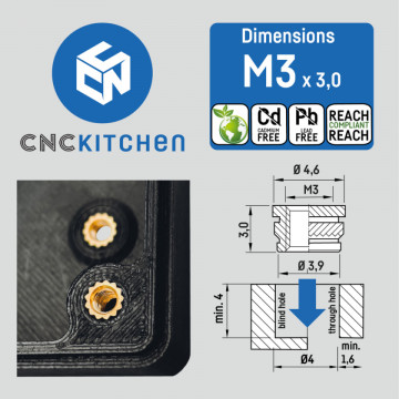 Ambalaj si dimensiuni  inserturi filetate CNC Kitchen - M3 Short (M3x3.0) - Filamente3D.ro