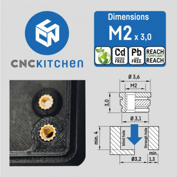 Ambalaj si dimensiuni  inserturi filetate CNC Kitchen - M2 Standard (M2x3.0) - Filamente3D.ro
