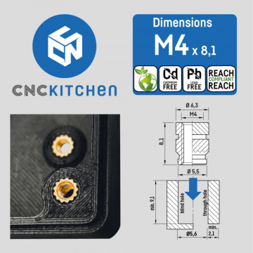 Ambalaj si dimensiuni  inserturi filetate CNC Kitchen - M4 Standard (M4x8.1) - Filamente3D.ro
