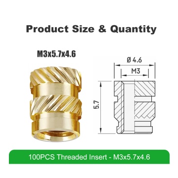 Dimensiuni inserturi filetate Mintion - M3 Standard (M3x5.7x4.6) - 100 buc - Filamente3D.ro