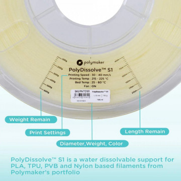 Caracteristici rola de filament Polymaker PolyDissolve S1 PVA 750g - Filamente3D.ro