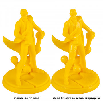 Statuete Polyman printate 3D din filament Polymaker PolySmooth Yellow 750g inainte si dupa postprocesare cu alcool izopropilic - Filamente3D.ro