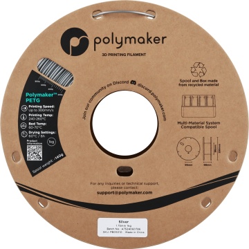 Vedere frontala rola de filament 1.75 mm Polymaker PETG Silver 1kg - Filamente3D.ro