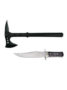 Set Topor Survivor 39 cm si Cutit bucatar 28 cm , negru ,husa inclusa