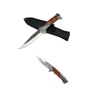 Set cutit si briceag gravate camping RAZOARE® - 28si 22 cm,maro, teaca inclusa