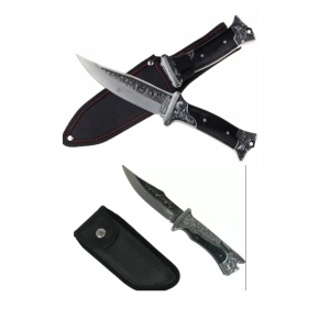 Set cutit si briceag gravate camping RAZOARE®- 28si 22 cm,negru, teaca inclusa