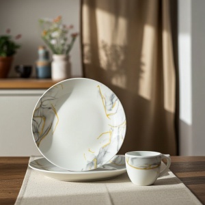 Set 6 farfurii si 6 cesti opal + 6 tacamuri inox Grey - Img 2
