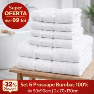 Set 6 Prosoape Bumbac 100% Alb – 4 Față/Mâini + 2 Corp S58