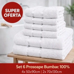 Set 6 Prosoape Bumbac 100% Alb – 4 Față/Mâini + 2 Corp S58