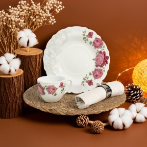 Set 6 farfurii si 6 cesti opal + 6 tacamuri inox Bujor - Img 2