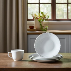 Set 6 farfurii si 6 cesti opal + 6 tacamuri inox Feston