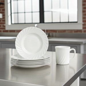 Set 6 farfurii si 6 cani opal+ 6 tacamuri inox albe