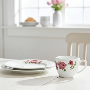 Set 6 farfurii si 6 cesti opal + 6 tacamuri inox Bujor - Img 2