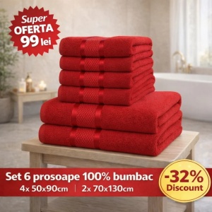 Set 6 Prosoape Bumbac 100% Rosu – 4 Față/Mâini + 2 Corp S61