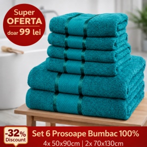 Set 6 Prosoape Bumbac 100% Verde – 4 Față/Mâini + 2 Corp S90