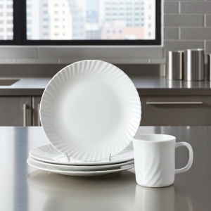 Set 6 farfurii si 6 cani opal + 6 tacamuri inox Feston