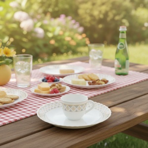 Set 6 farfurii si 6 cesti opal + 6 tacamuri inox Ikkat - Img 3