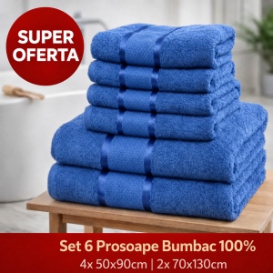 Set 6 Prosoape Bumbac 100% Albastru – 4 Față/Mâini + 2 Corp S74
