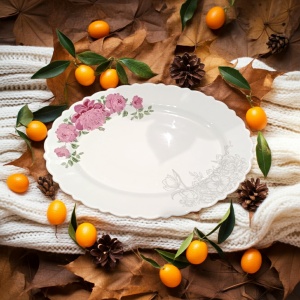 Platou oval, opal, Bujor 34cm