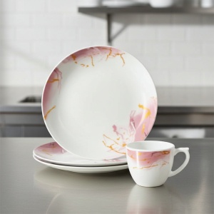 Set 6 farfurii si 6 cesti opal + 6 tacamuri inox Rozalin