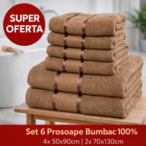 Set 6 Prosoape Bumbac 100% Maro/Camel – 4 Față/Mâini + 2 Corp S93