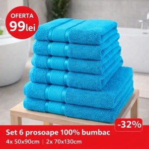 Set 6 Prosoape Bumbac 100% Turcoaz – 4 Față/Mâini + 2 Corp S57