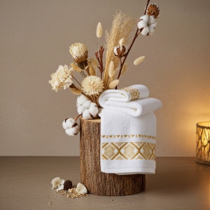 Set 10 prosoape parastase si inmormantari de fata, flower auriu, 50x90, bumbac, 350G/M² - Img 6